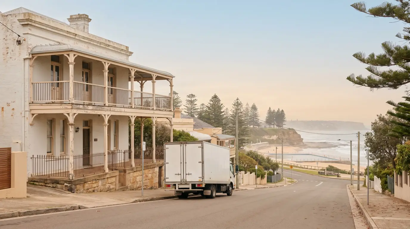 A removal truck on a Merewether street that slopes down toward the beach and ocean baths, with a heritage terrace and Norfolk pines